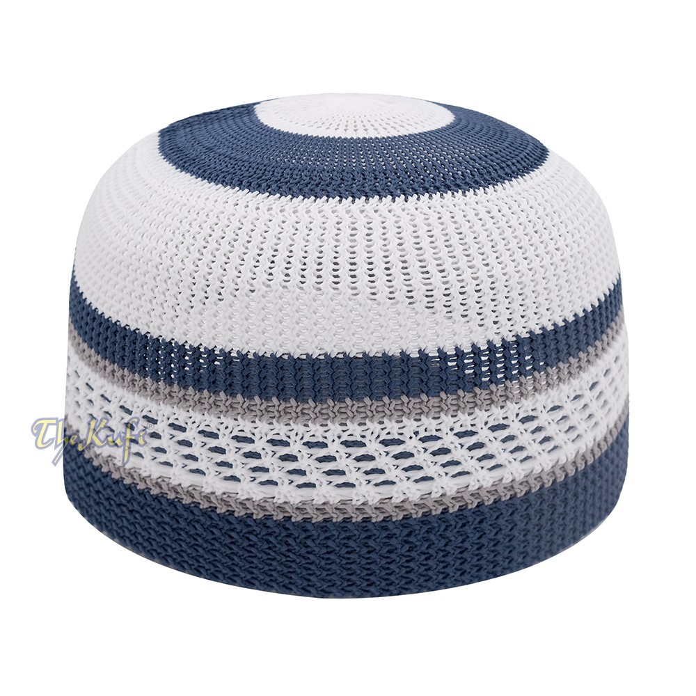 100% Nylon Muslim Kufi Skull Cap – White and Navy Blue with Gray Stripes Hat