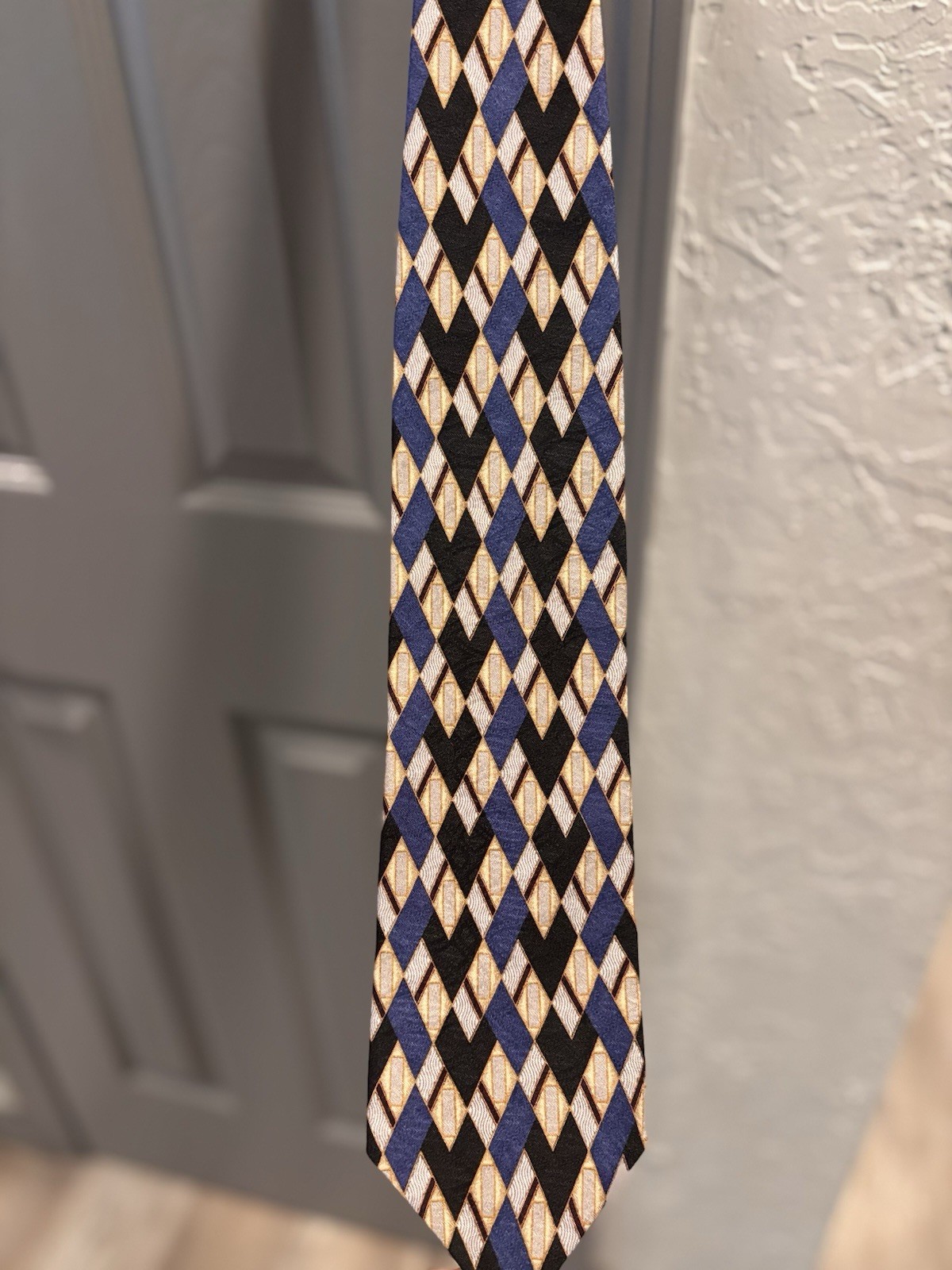 JAX Blue/Black/Gold/White Geometric 100% Silk Men’s Pointed Woven Tie