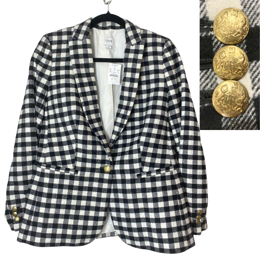 NWT J. Crew Blazer Jacket 2 Black White Gold Buffalo Check Preppy Academia Wool