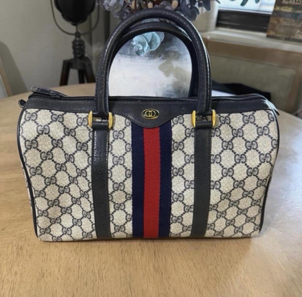 Gucci GG Monogram Web Stripe Top Handle Satchel Handbag Beige/Navy/Red DM FIRST