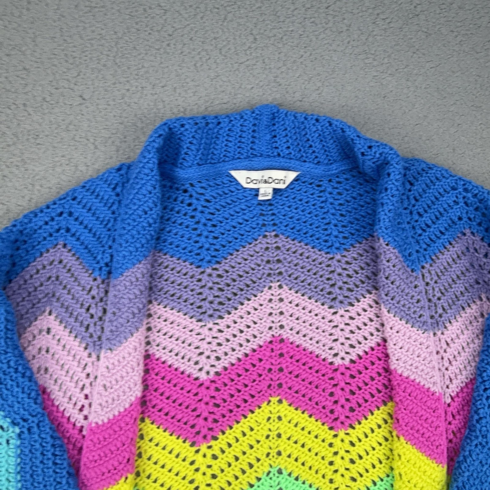 Davi & Dani Cardigan Womens Large Multicolor Rainbow Crochet Open Knit Striped