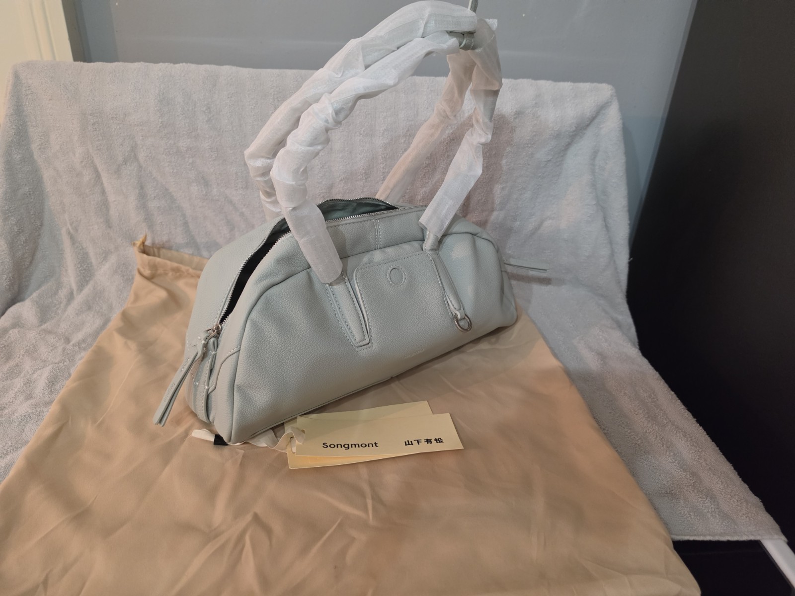 Songmont Light Blue Pebbled Top Handle Satchel Zip Closure, Dust Bag Card