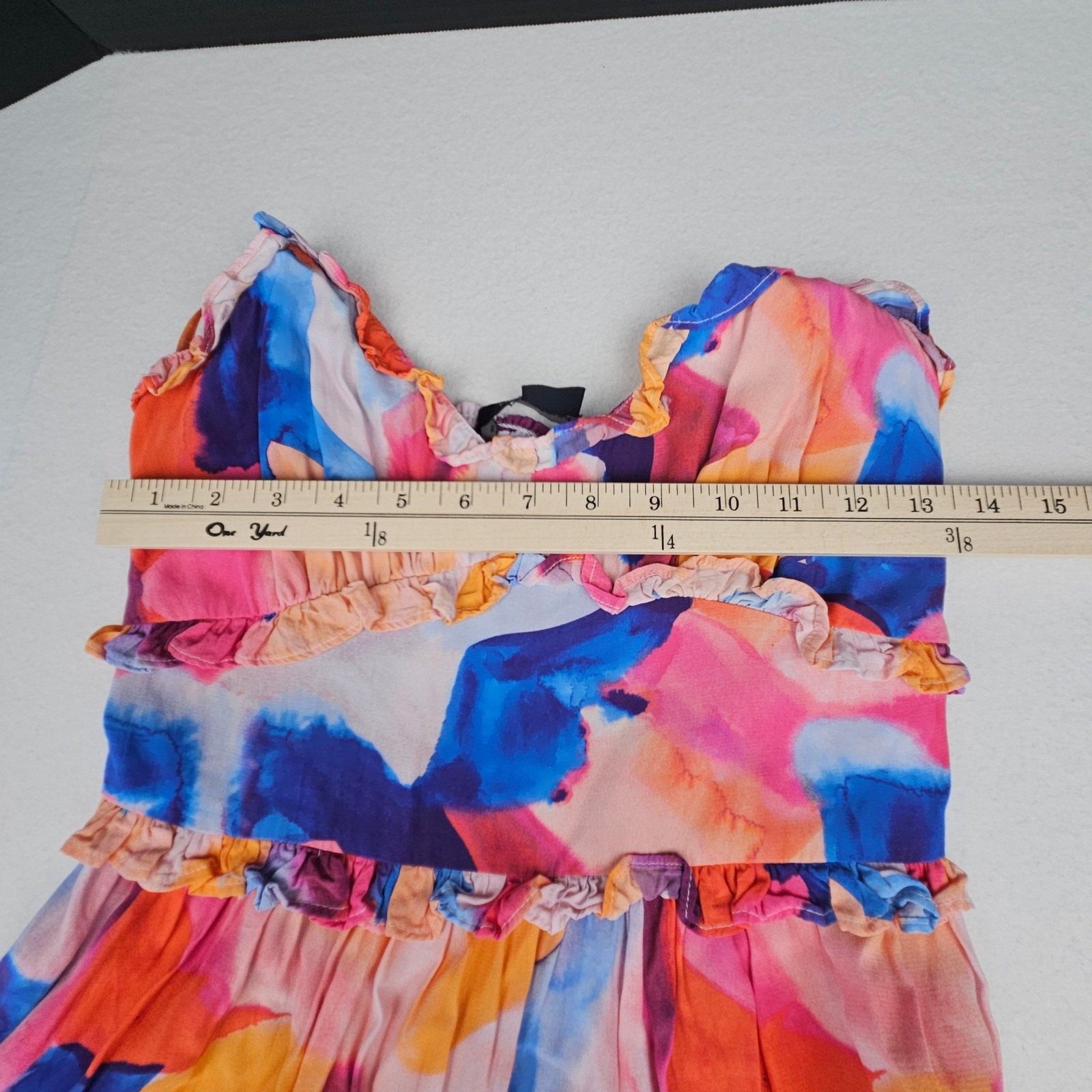 French Connection Abstract Watercolor Tiered Ruffle Mini Dress Multi-Color XXS 2