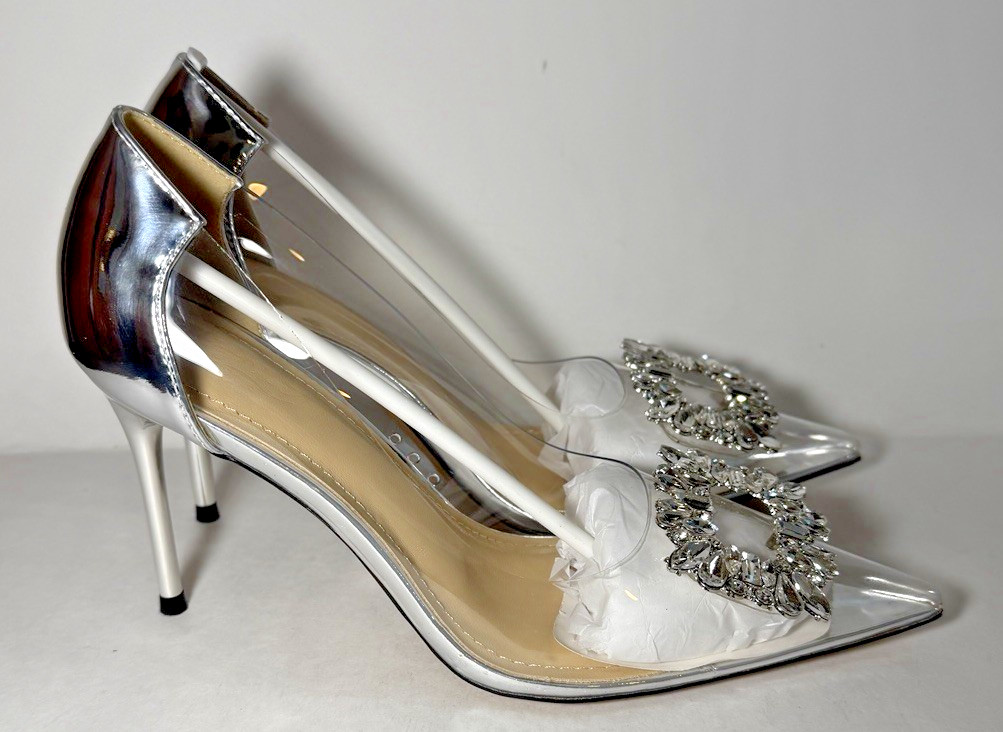 LING MEI 9cm High Heel Pointy Toe Crystal Buckle Clear Silver Women’s EU 38/US 8