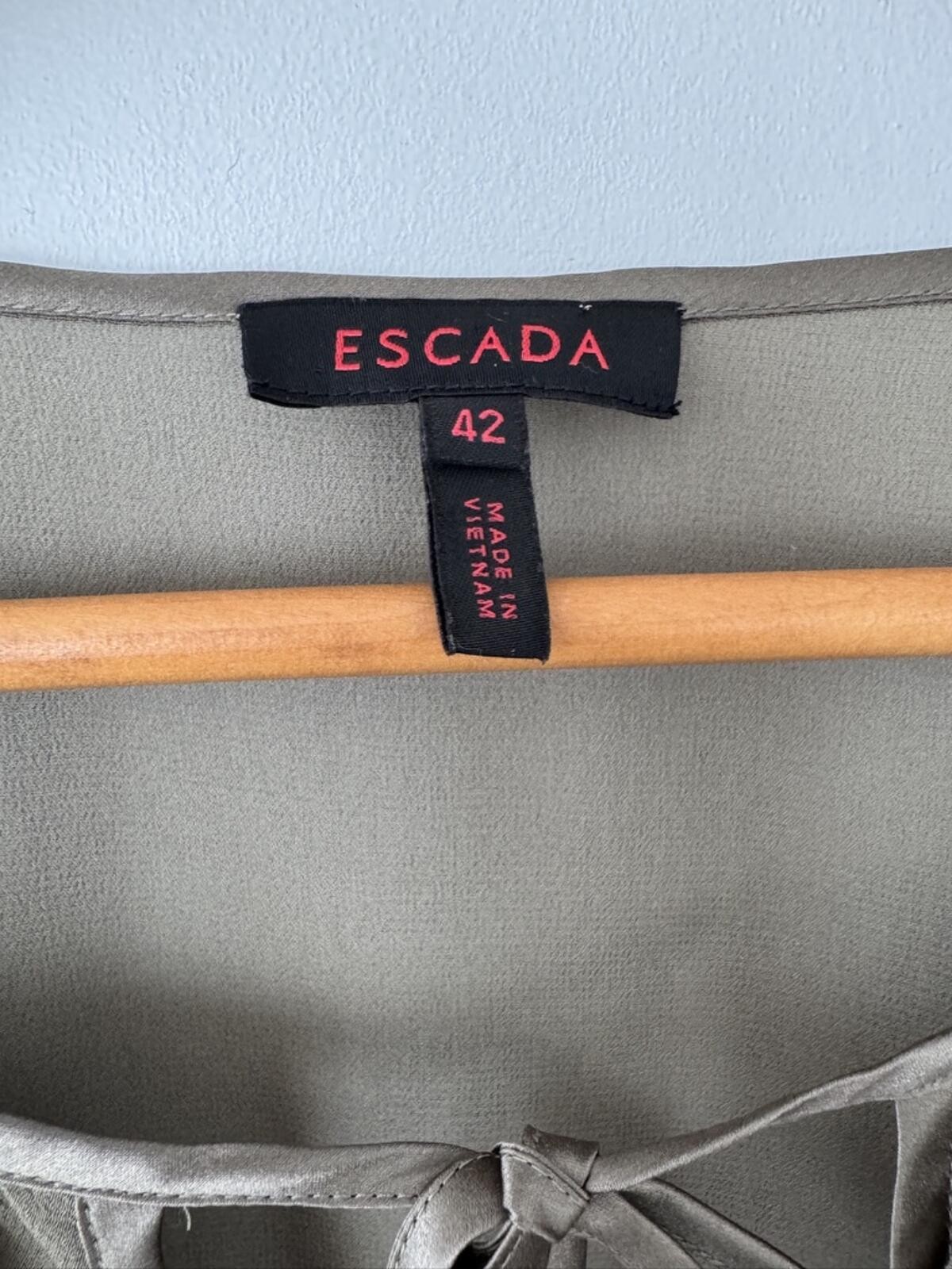 Escada Silk Sheer Olive Flutter Sleeve Tie-Neck Blouse