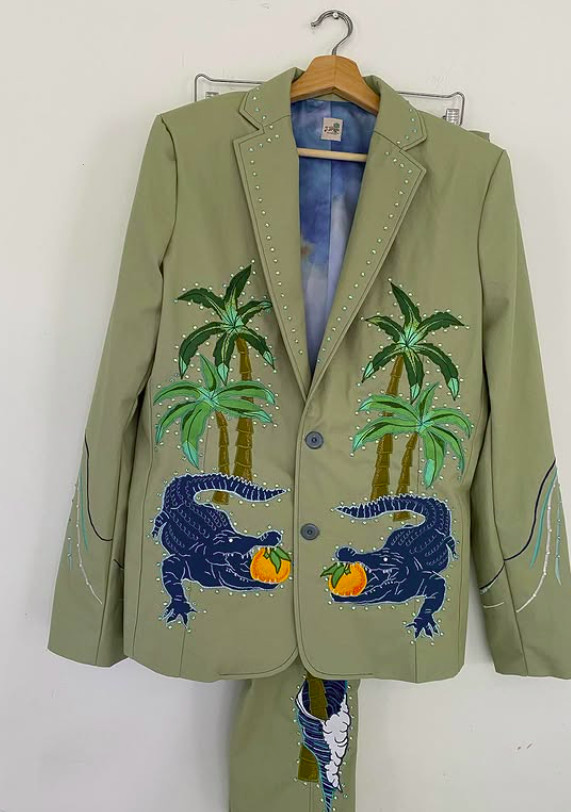Men 2Pc Bespoke Crocodile Embroidered Nudie Western cowboy Cocktail Prom Outfit