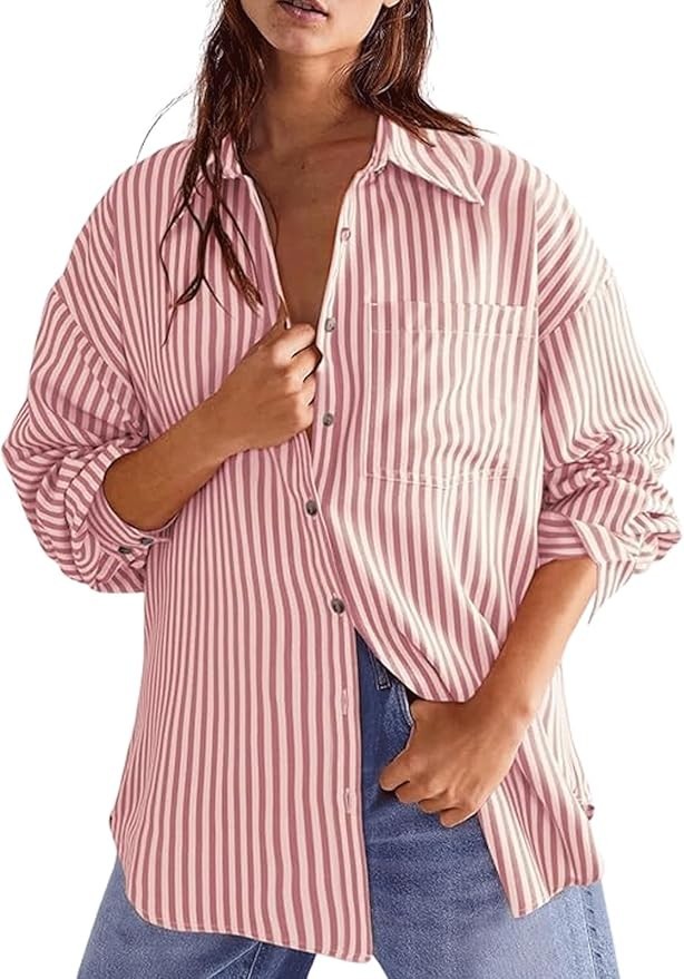 Women’s Dressy Striped Button Up Shirts Collared Long Sleeve Blouse Casual