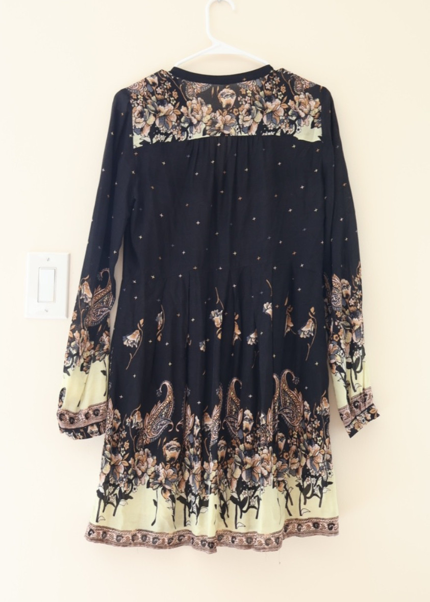 Free People Sierra Valley Black Floral Paisley Celestial Tunic Dress Size S Boho