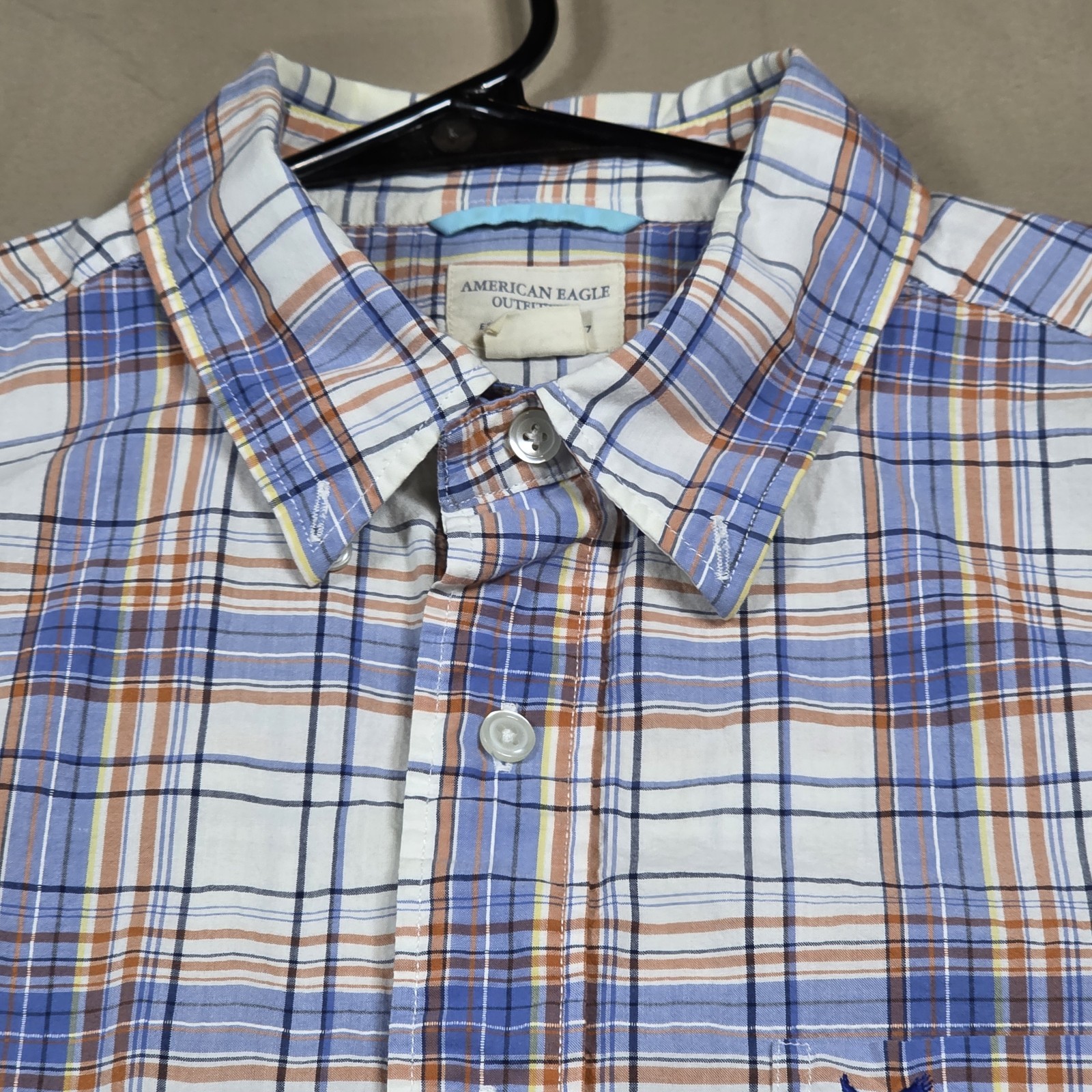 American Eagle Outfitters Men’s L Plaid Cotton Button-Down Shirt Blue Pockets