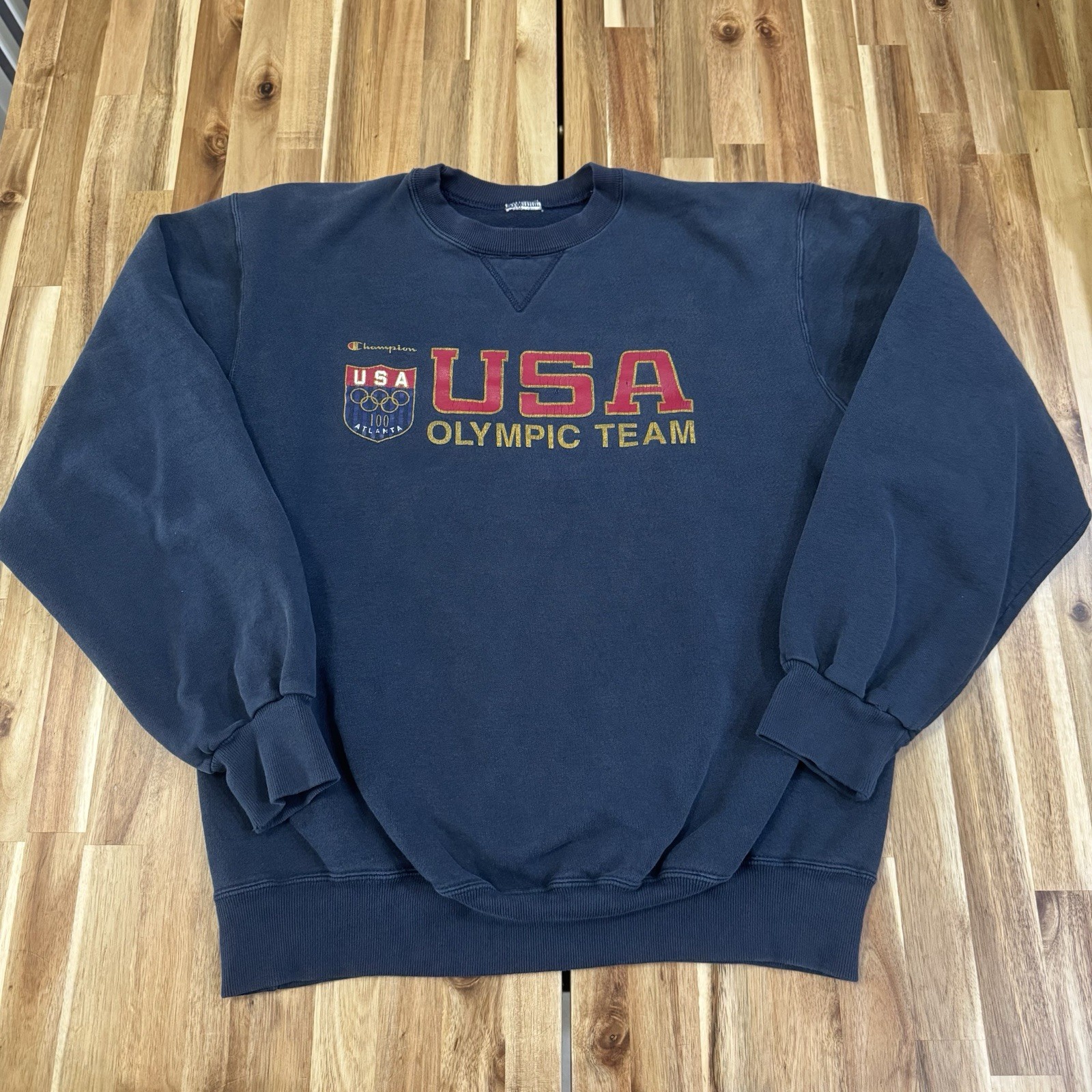 Vintage USA Olympics Sweatshirt Mens L Blue Champion Atlanta Crewneck Fleece 90s