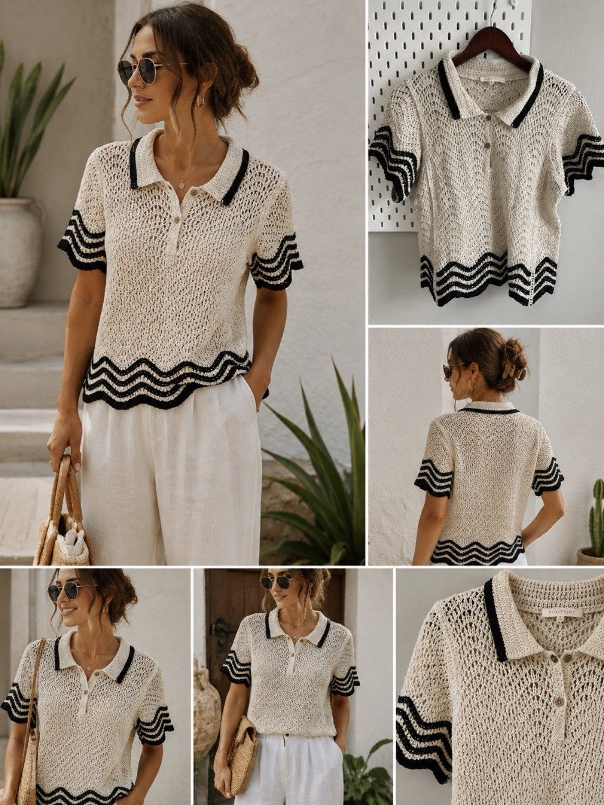 Solitaire Open Knit Crochet Polo Top Women’s M Coastal Nautical Resort Sweater