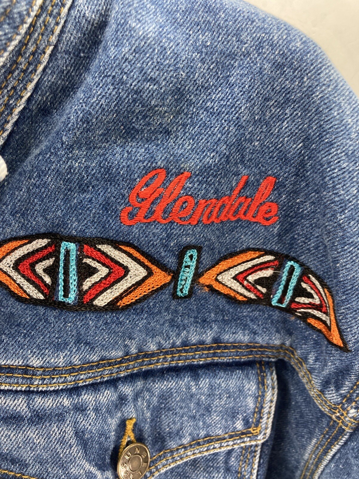 Comanche Chief Denim Trucker Jacket Men Size Small Embroidered Button VTG Unique