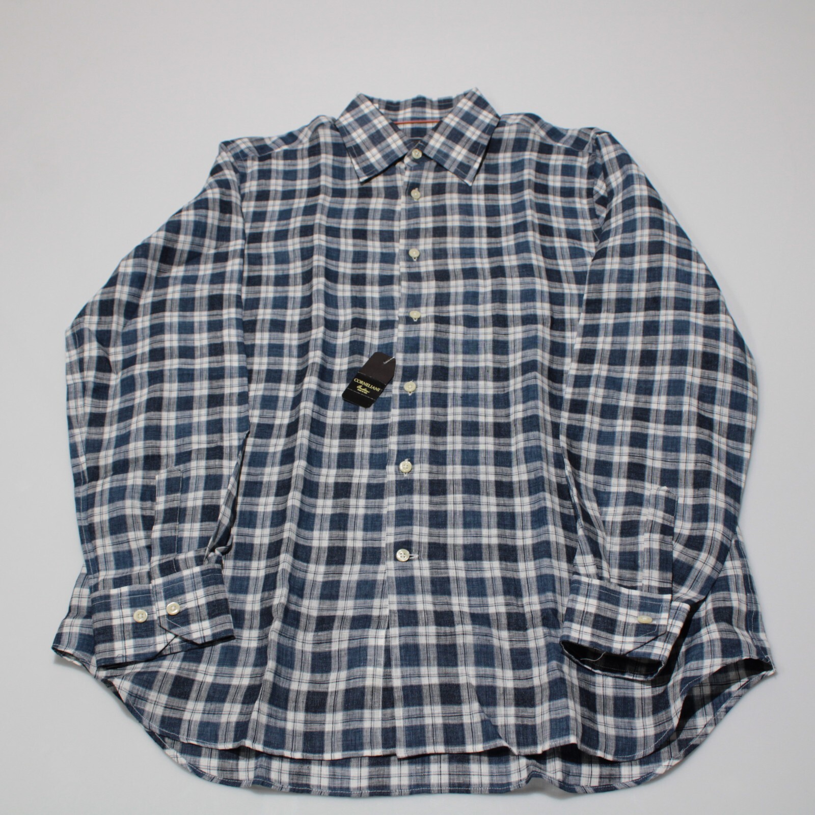 Corneliani NWT Casual Button Down Shirt Size M In Blue Plaid Linen