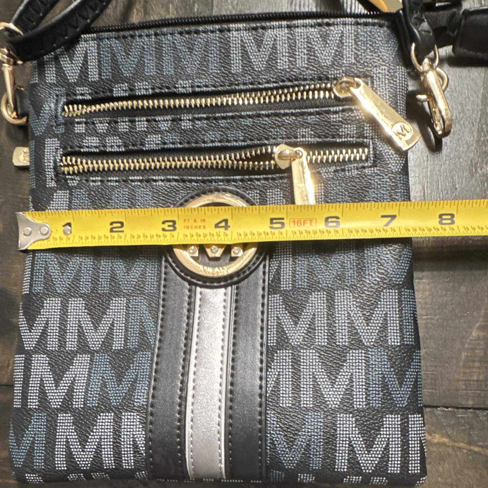 Milan MFK Collection Black/Blue Zip Crossbody Bag, Gold Hardware, Small