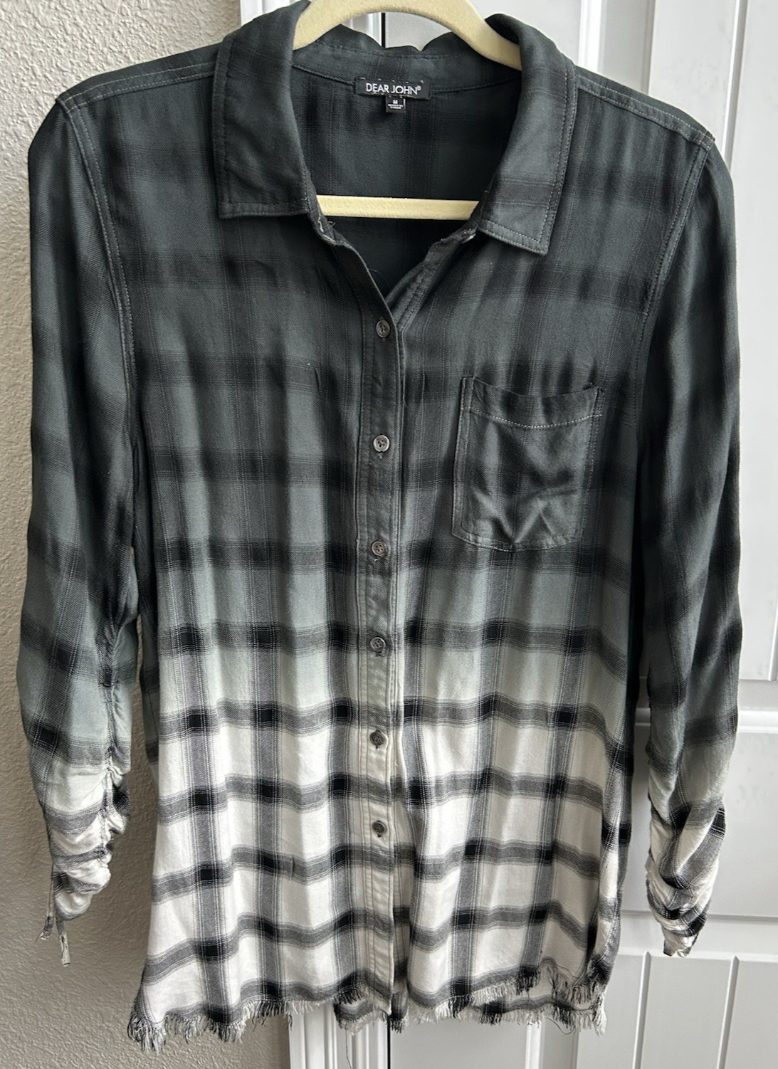 Dear John Button Up Ombre Shirt Med Frayed Hem Drawstring Sleeve Indie Vanguard