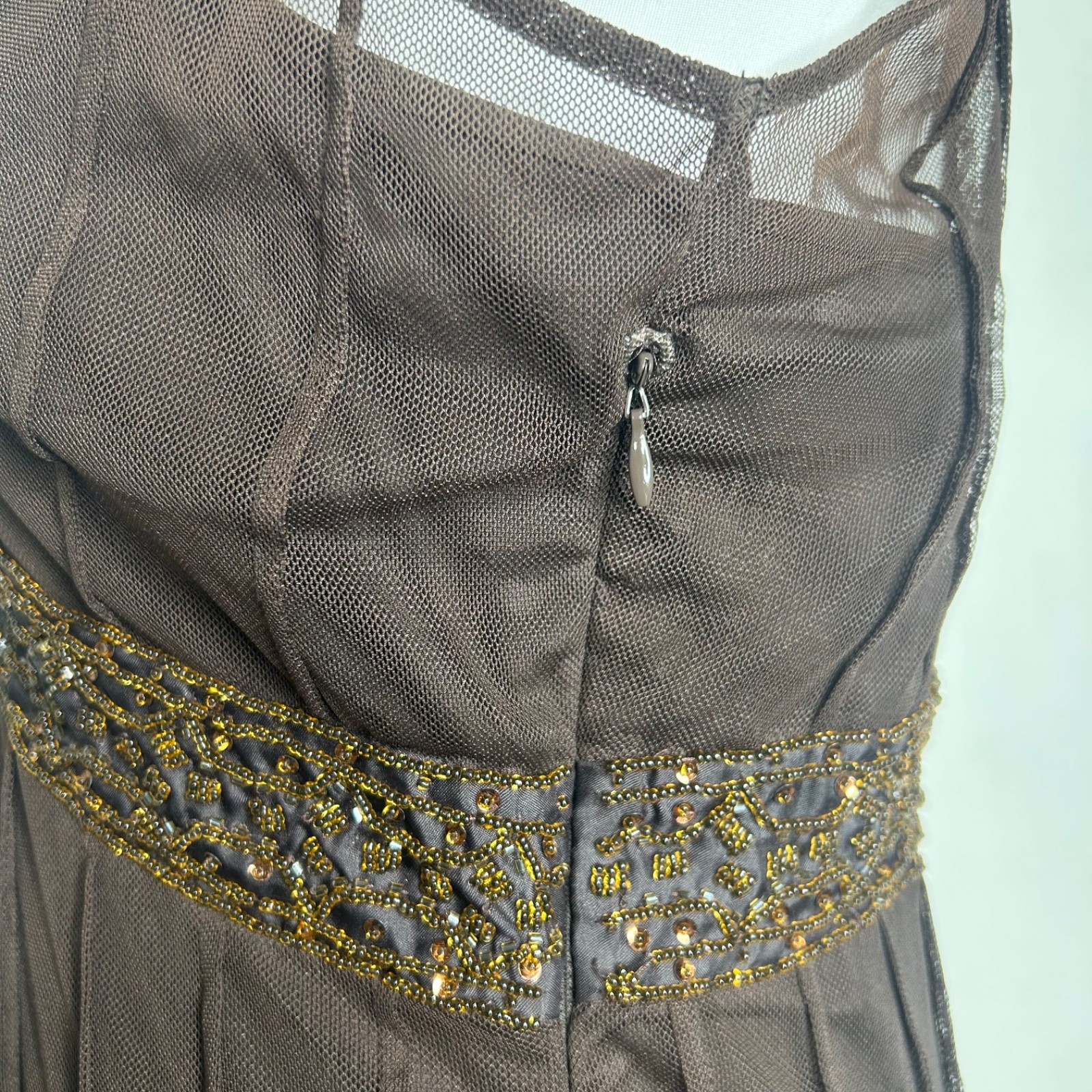 ECI Whimsigoth Dress 8 Brown Beaded Sequin Sleeveless Mesh Retro 20s Midi