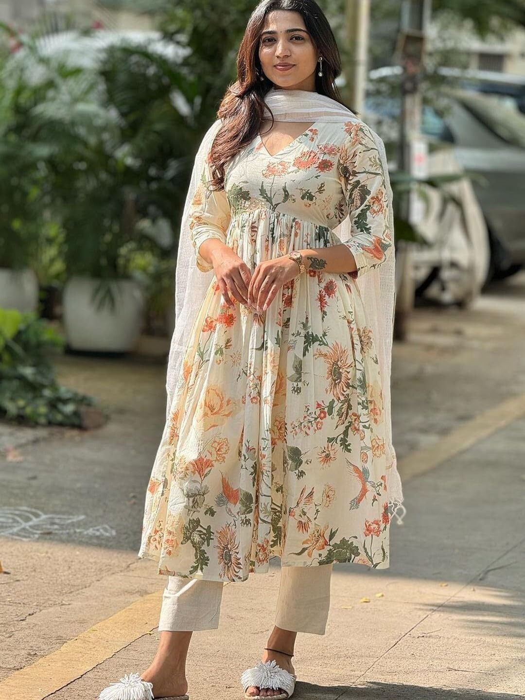 Women’s Rayon Blend Printed Anarkali Kurta with Pant & Dupatta
