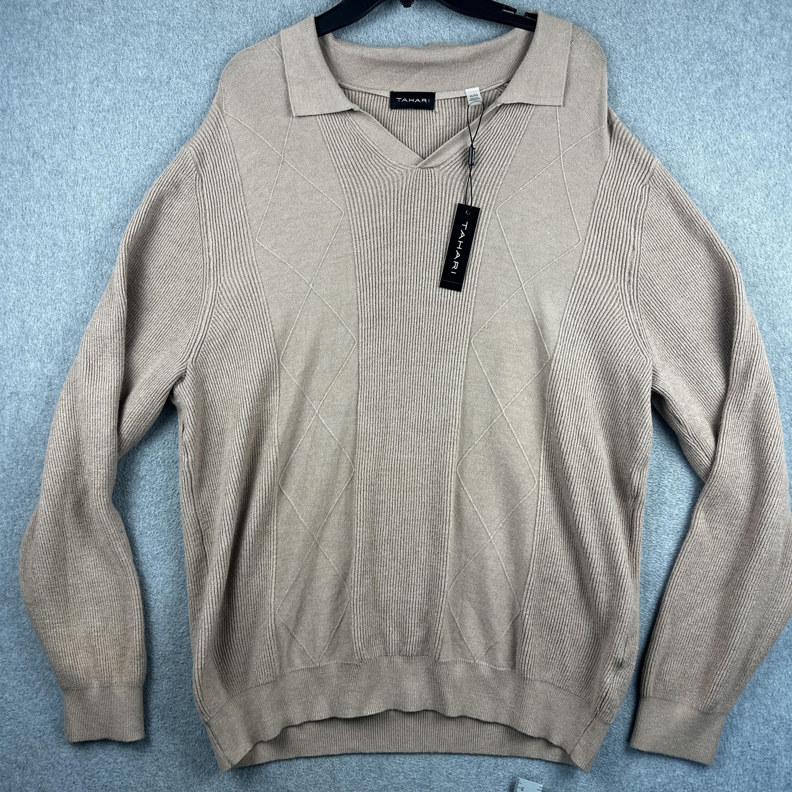 Tahari Sweater Mens XL Mauve Sand Knit Collared Pullover Textured Soft Knit New