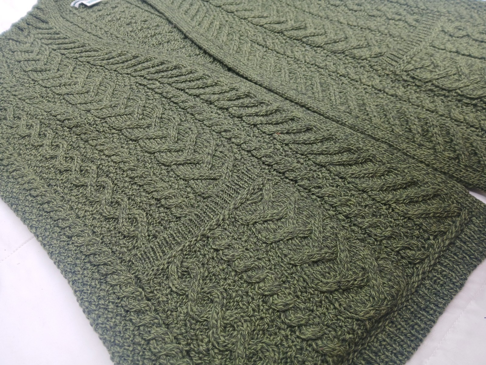 Aran Crafts Ireland Merino Wool Open Cardigan XXL Green Cable Fisherman Sweater
