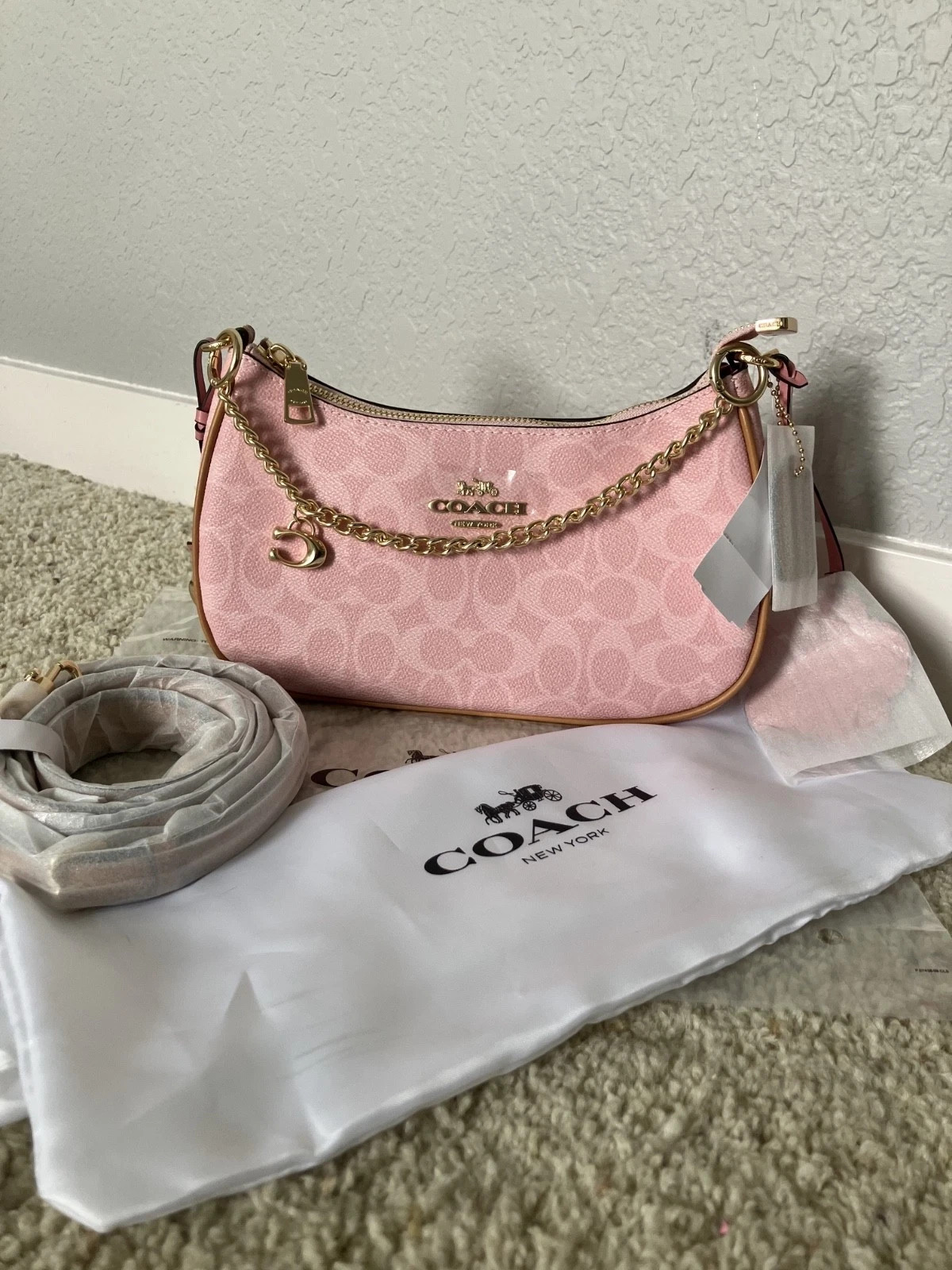 NWT Coach Gold Powder Pink Teri Shoulder Bag Signature with Charms CEA20!
