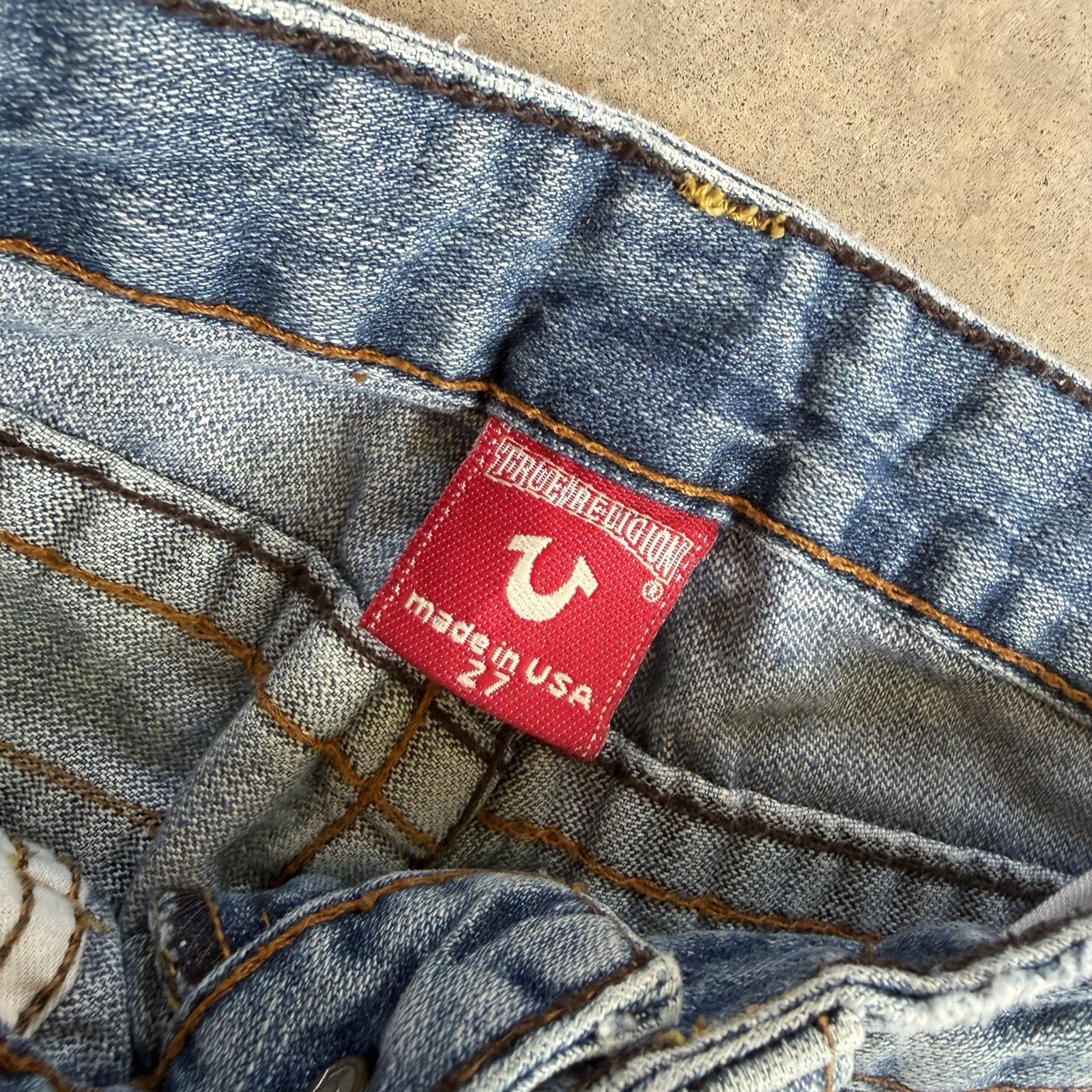 True Religion Joey Patch Old Stone Twisted Flare Jeans 27×31 Made In USA