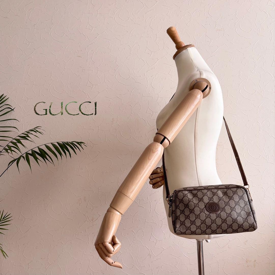 GUCCI Vintage GG Canvas Leather Shoulder Bag Brown Crossbody