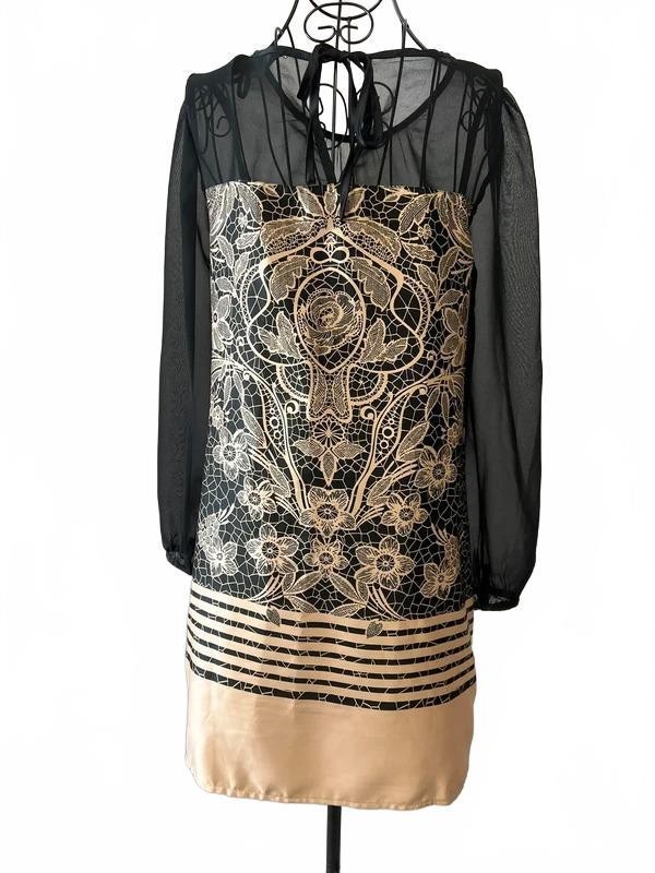 Dorothy Perkins Black Beige Sheer Overlay Shift Dress UK 10 Floral Long Sleeve