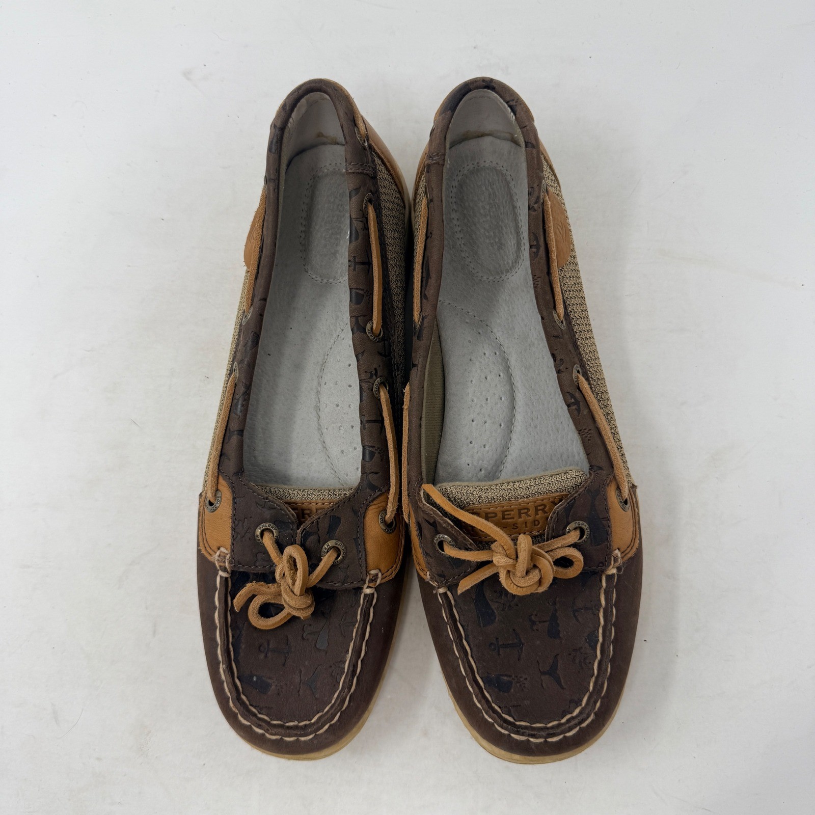 Sperry Top-Sider Brown Nautical Anchor Print Leather Mesh Boat Shoes Size 10