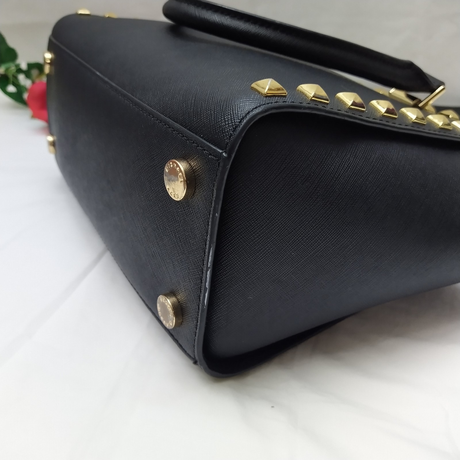 Michael Kors Black Leather Studded Double Handles Satchel Bag