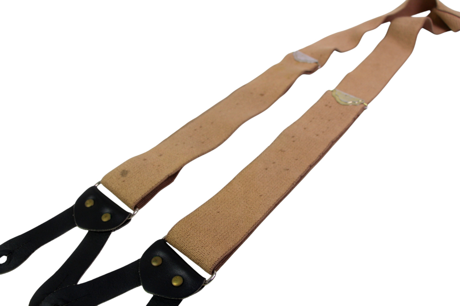 VTG Walking Boss BEIGE ELASTIC BLCK LEATHER BUTTON-ON X-BACK 2″Wd SUSPENDERS (P5