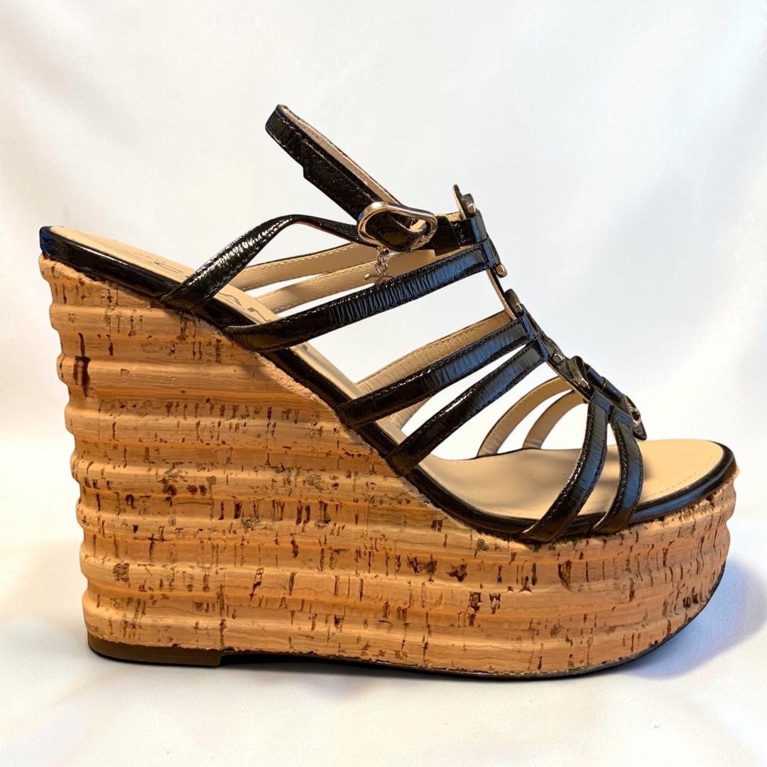 CHANEL CC Logo Coco Mark Patent Leather Strappy Cork Wedge Sandals US 5