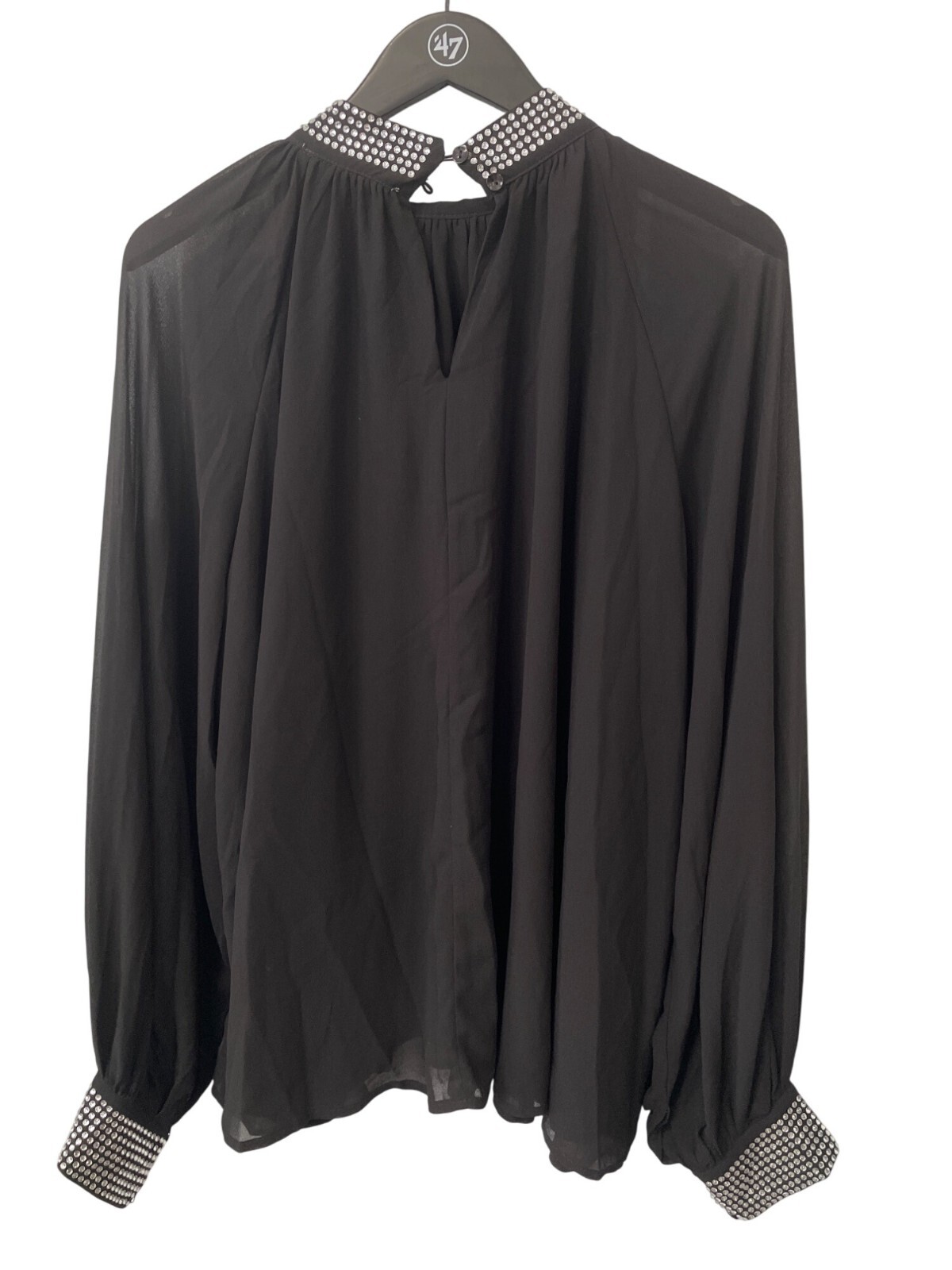 Vine and Love Embellished Chiffon Long Sleeve Blouse Size Large Rhinestone Black