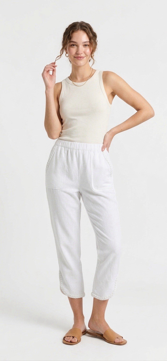 Women’s Braided Hem Stretch French Terry Capri – White-L