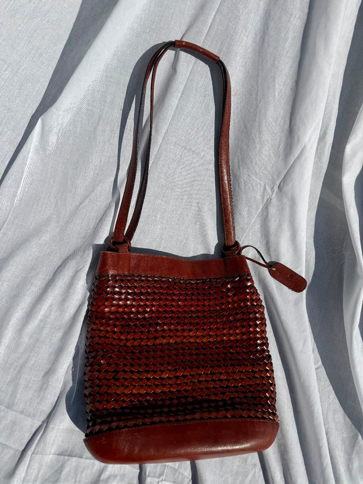 Vintage Etienne Aigner Medium Woven Leather Bucket Shoulder Bag Oxblood Brown