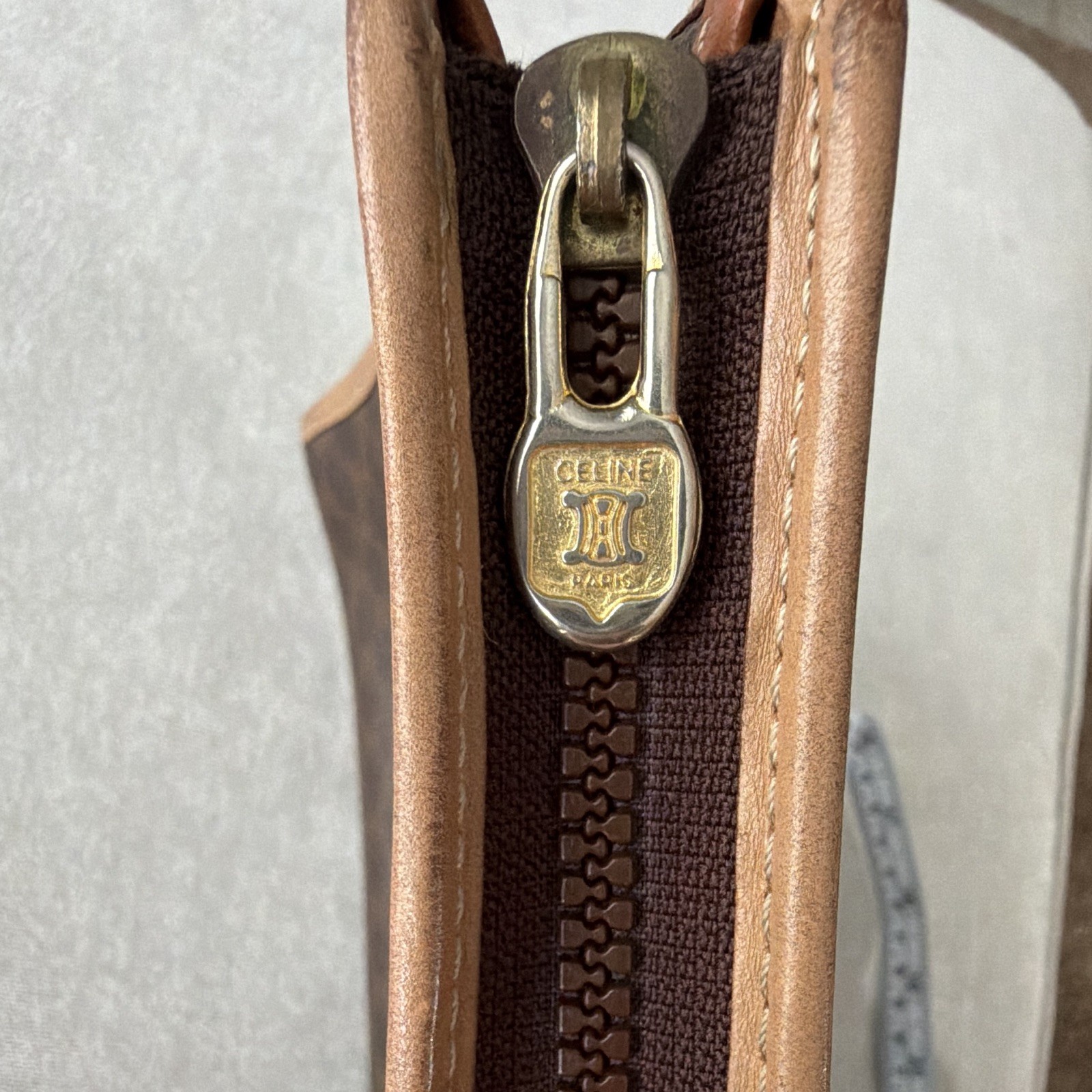 ⁠Vintage CELINE Macadam Canvas Clutch Pouch Wristlet Brown Tan Leather Trim