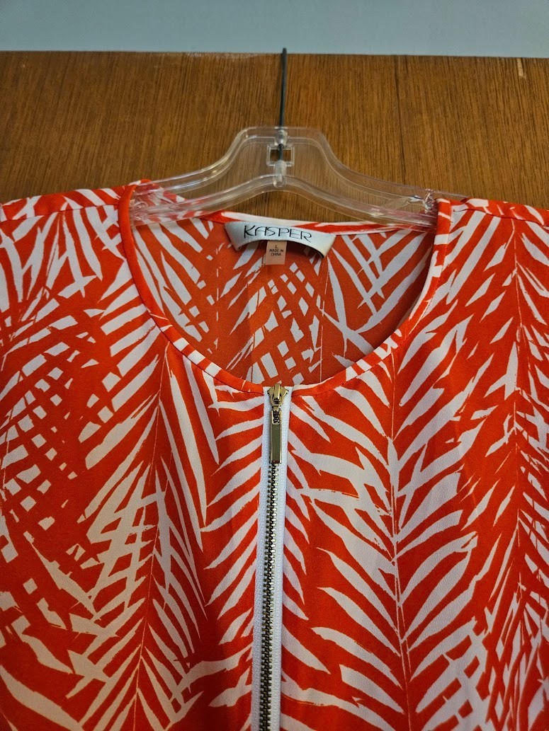 Kasper Orange & White Palm Leaf Print Sleeveless Blouse w/Gold Zipper – Size L
