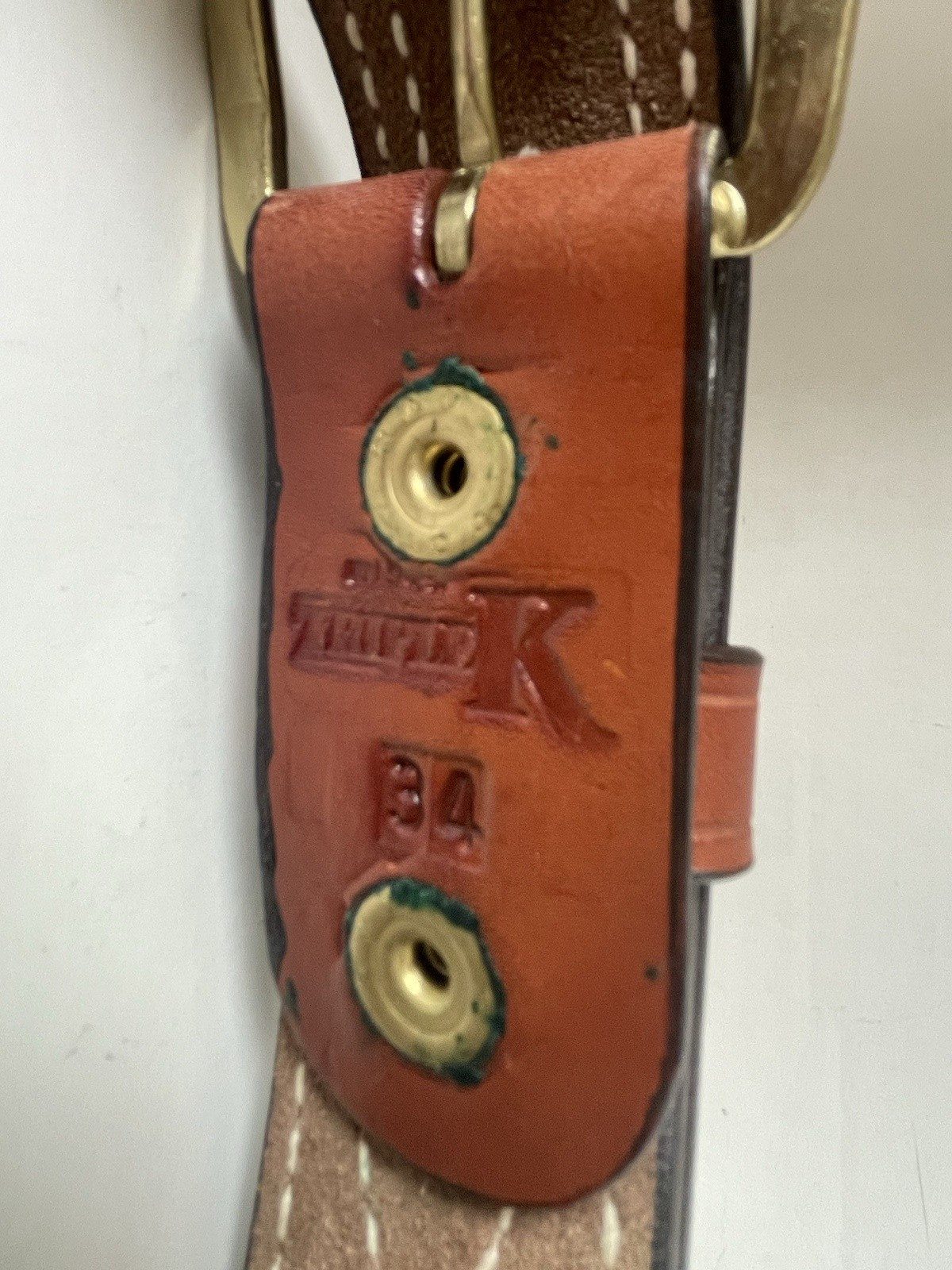 Triple K Leather Stitched Belt Size 34 Brown Brass Colored Buckle With Loop USA