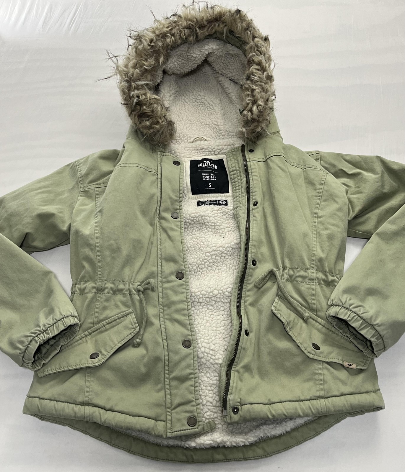 Hollister Jacket Womens Small Green Parka Hooded Sherpa Lined Fur Trim Insulated