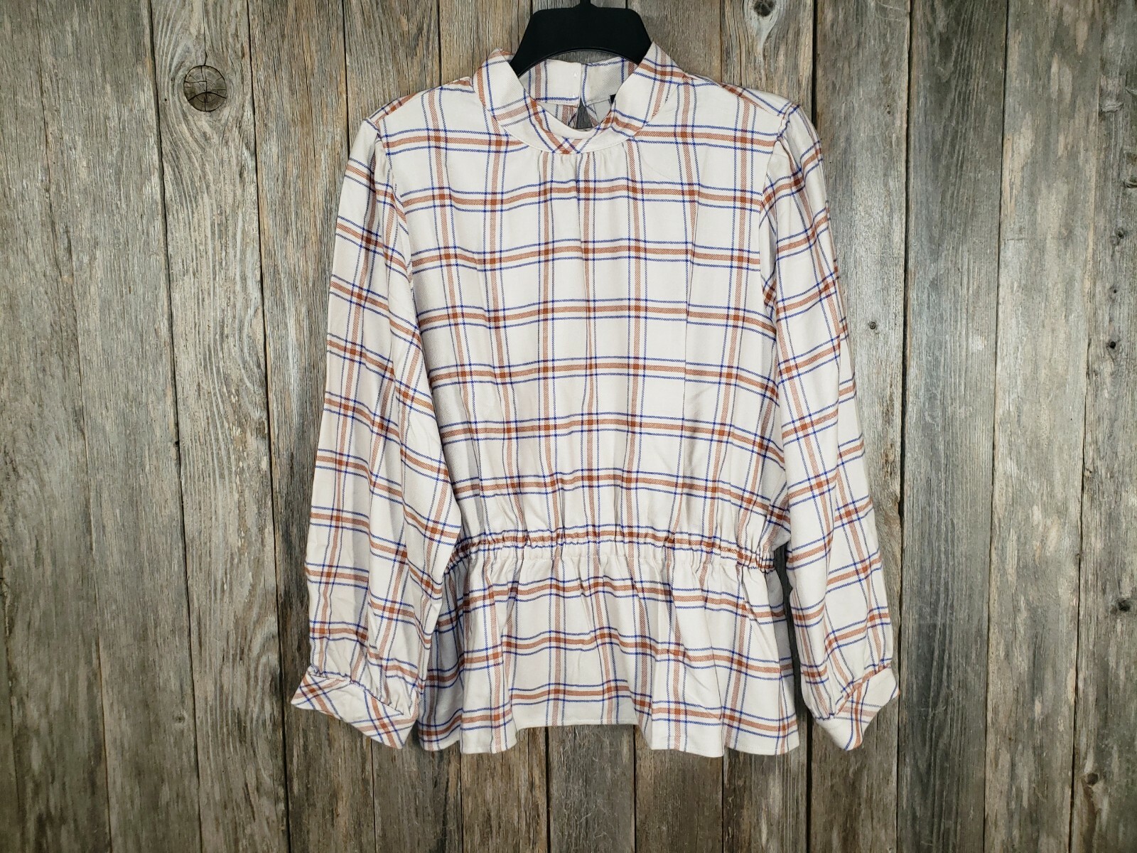 NEW Ann Taylor LP Top Beige Cream Plaid Cinched Peplum Cottage Office Siren