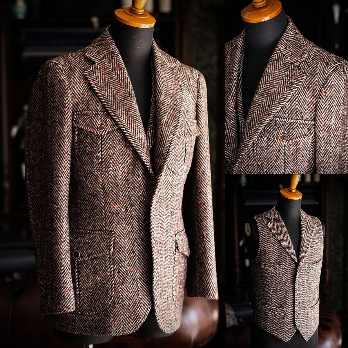 Herringbone Business Men Suits Formal Wedding Party Tuxedos Tailored Notch Lapel
