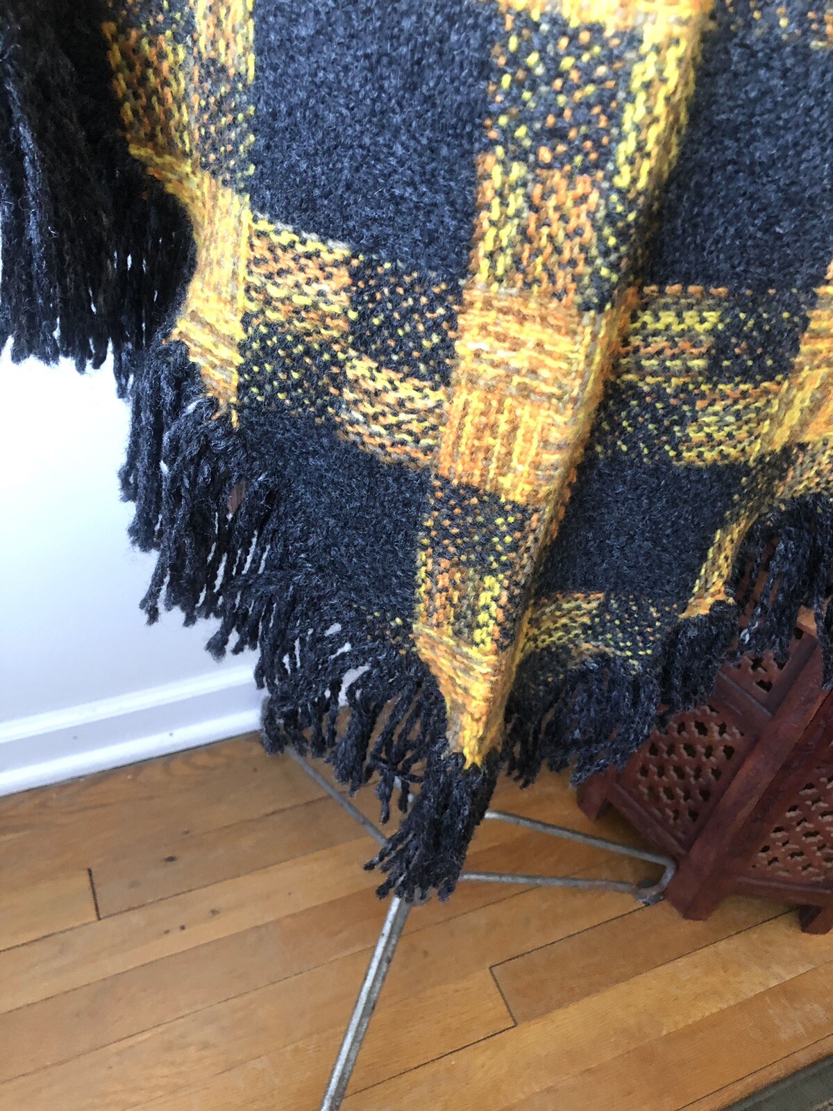 1960’s Charcoal Gray/ Yellow/ Orange Plaid Wool Triangle Shawl