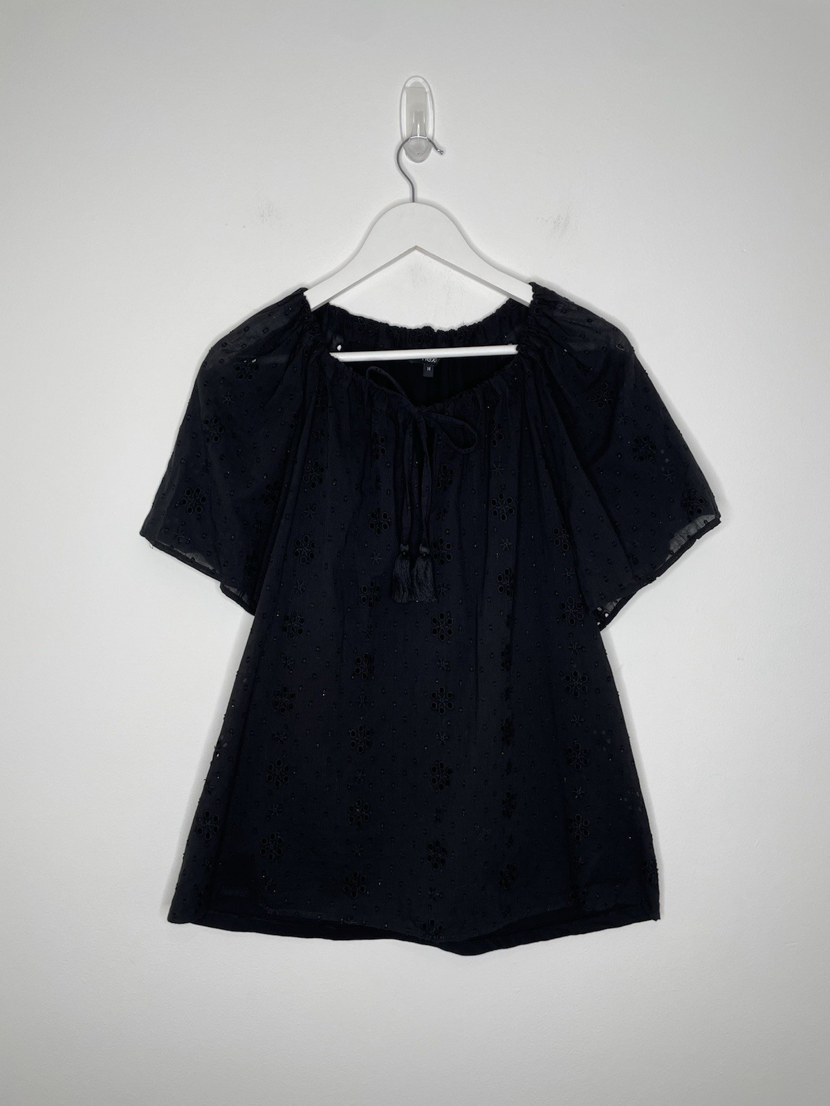 Next Black Broderie Anglaise Blouse Top Sparkle Cotton Boho Tassels UK 14 Loose