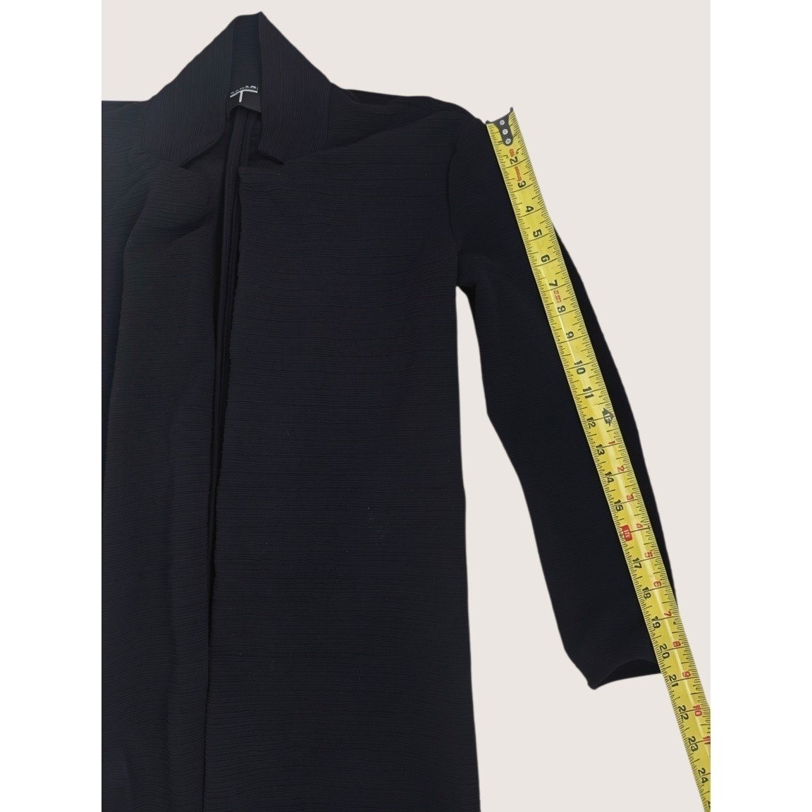 Tahari T Black Ribbed Open Front Cardigan Longline Structural Knit Jacket XS