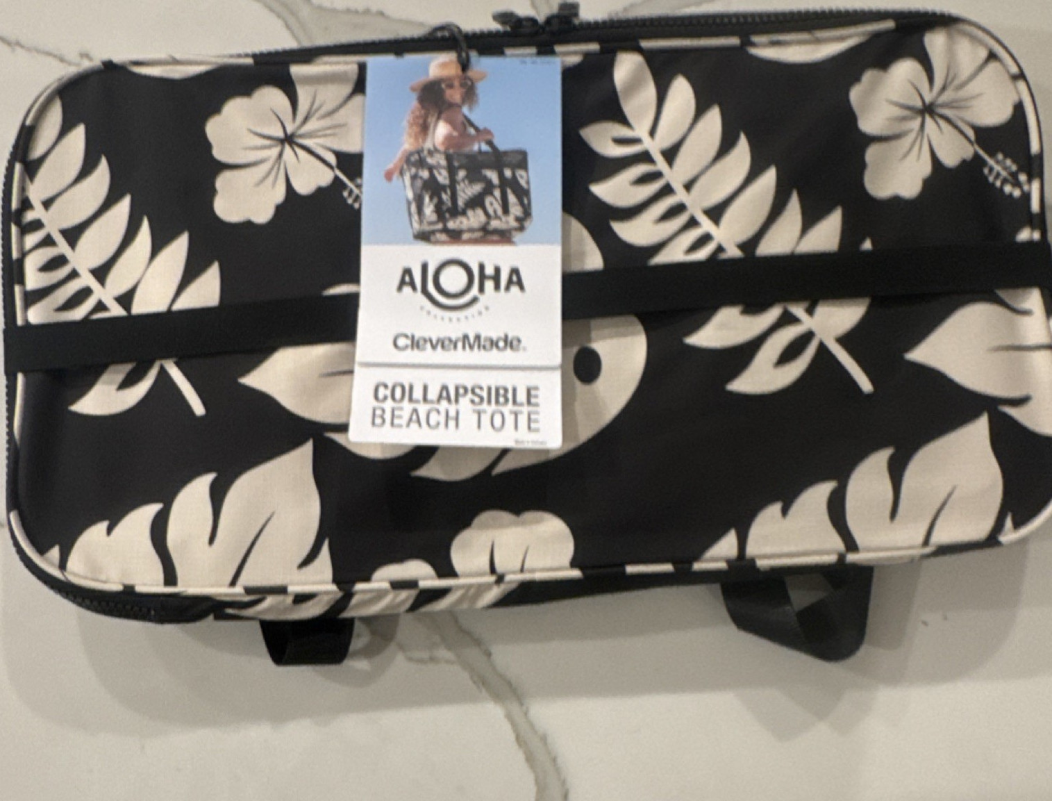 Aloha CleverMade Collapsible Beach Tote Black Beige Floral Zip Women