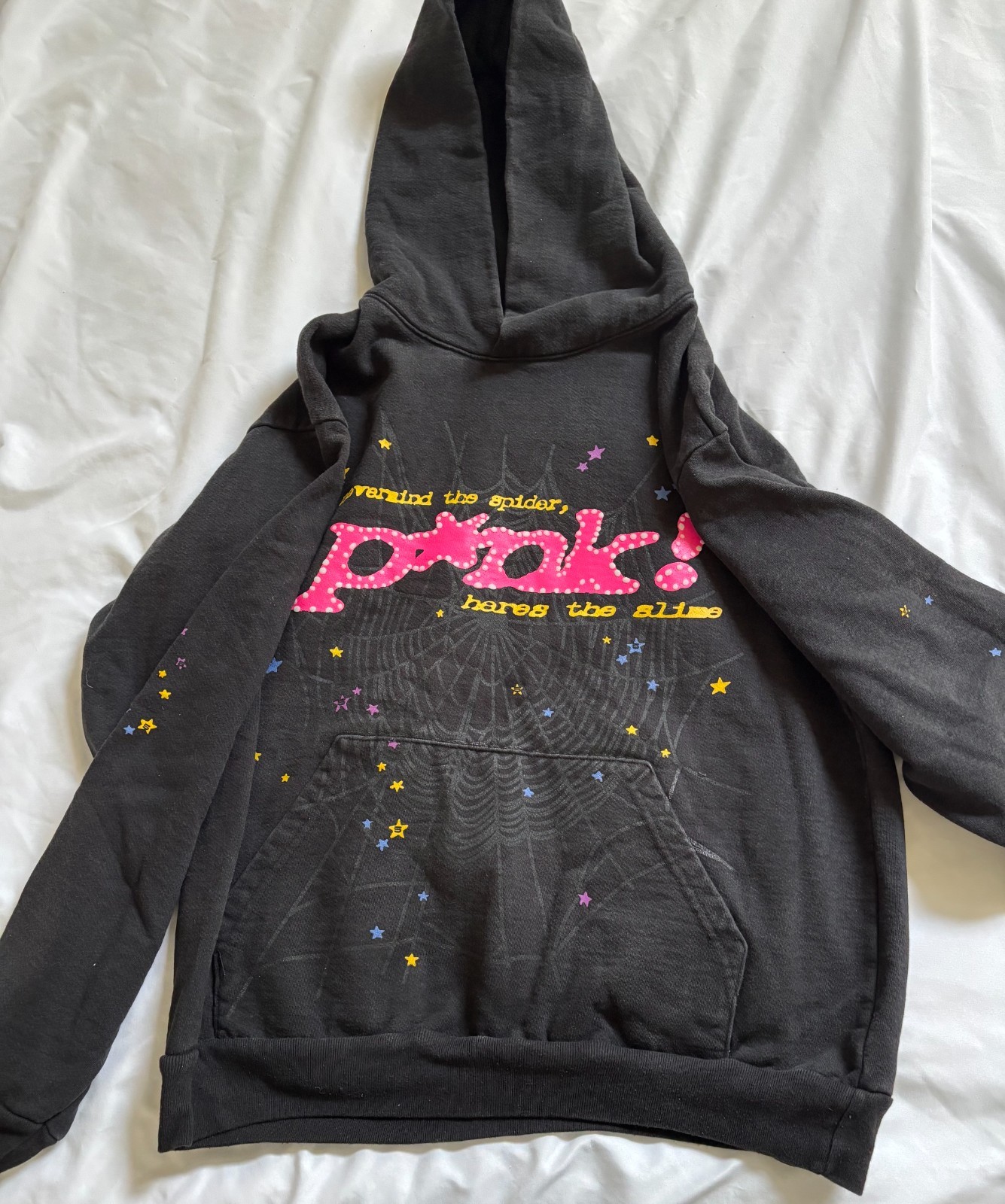 Sp5der Nevermind The Spider Here’s The Slime Hoodie Black Pink Web Graphic