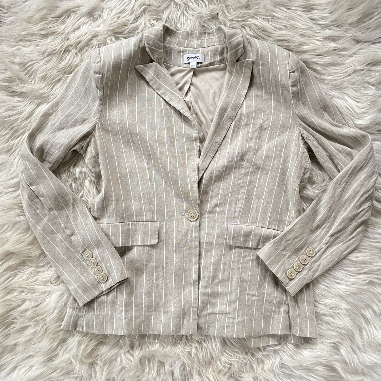 Evereve Clarkson Blazer Womens Large Linen Tan Pinstripe Office Academia Preppy
