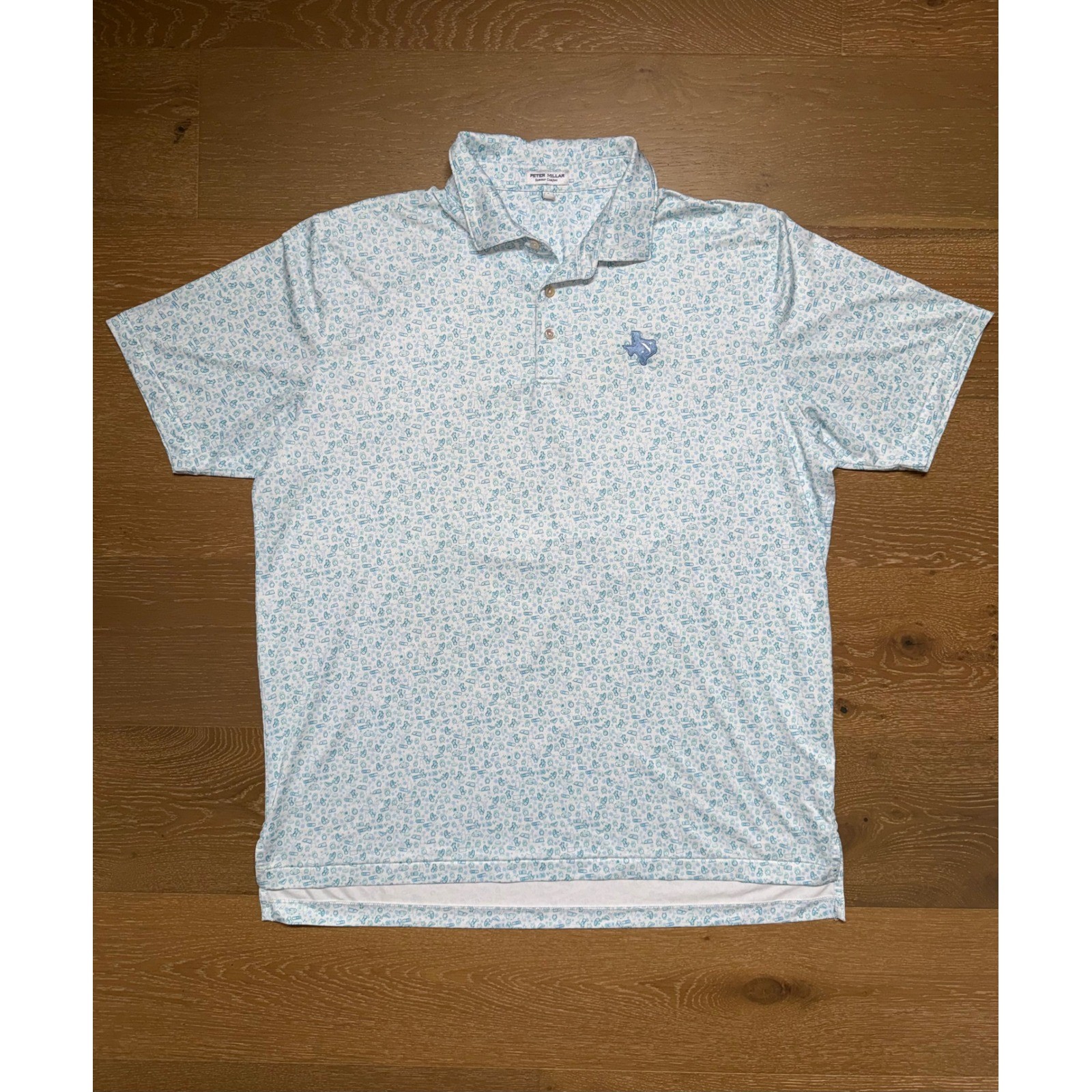 Peter Millar Summer Comfort Texas Polo Shirt XL Blue White Novelty Print Mens