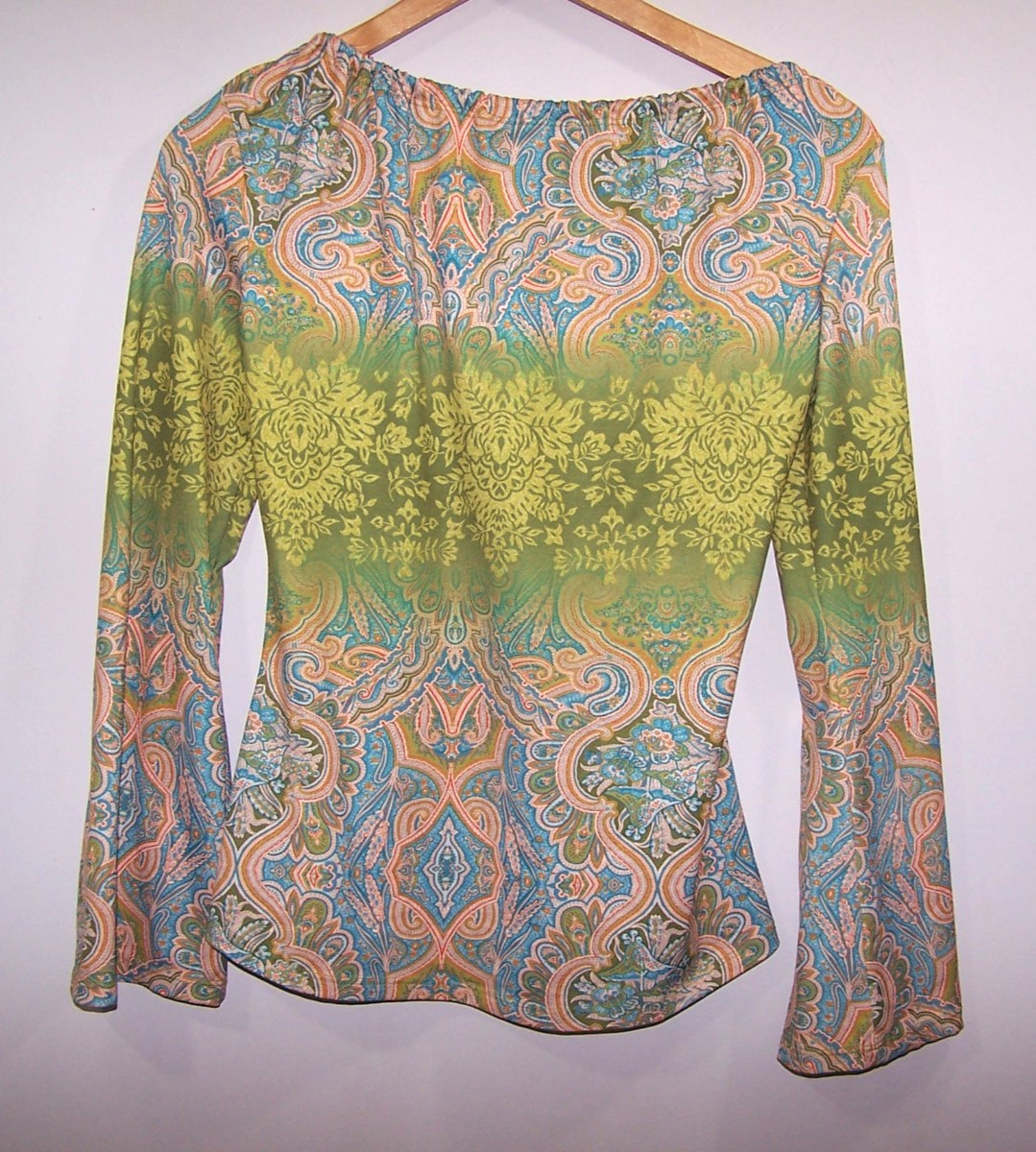 Vtg IRE U.S.A. Long Sleeve Polyester Paisley Boho Top Drawstring Neckline Size L