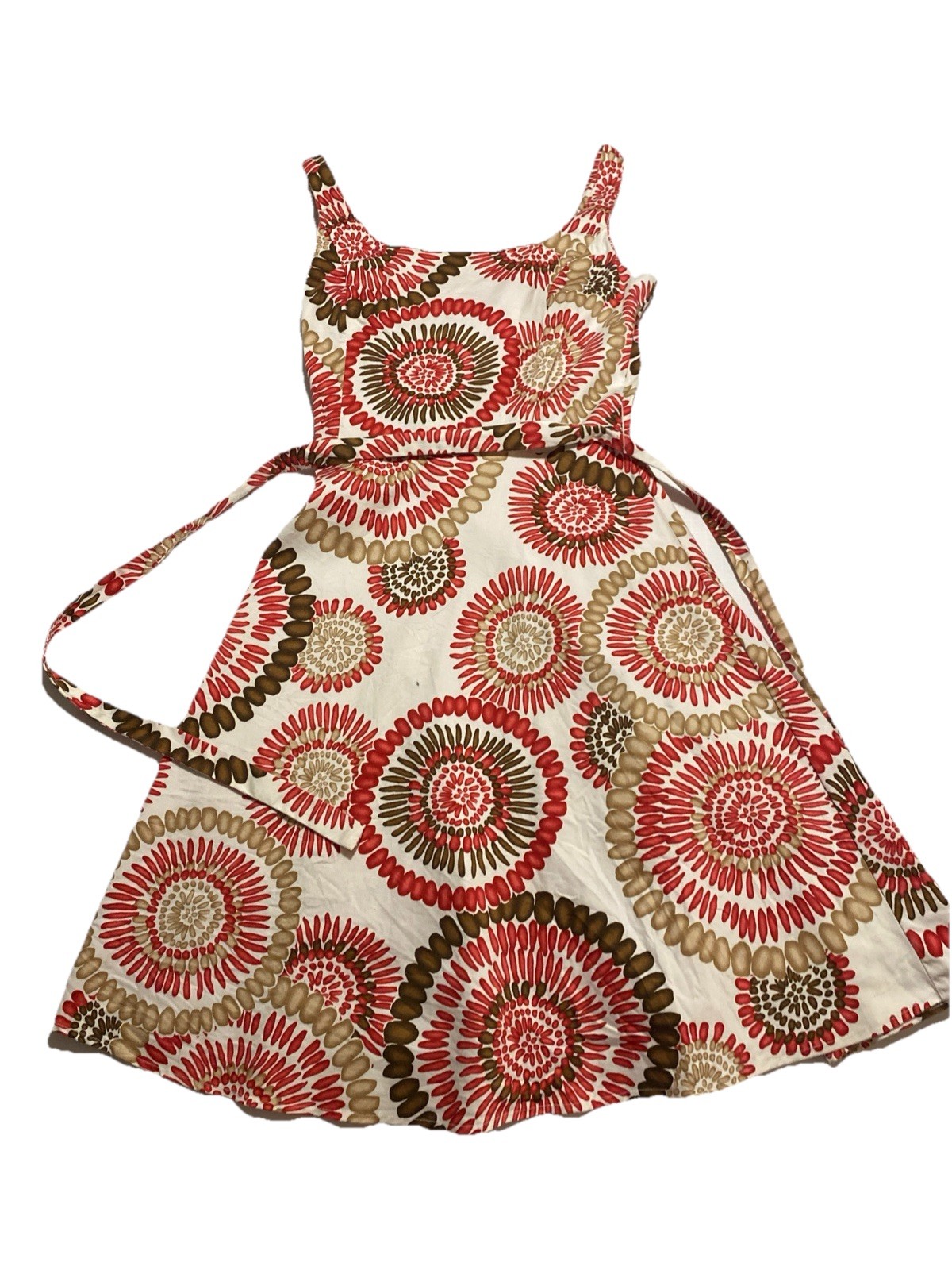 Breakin Loose Sunburst Circle Dress Red Brown White Fit Flare Belt Midi Sz8 CITI