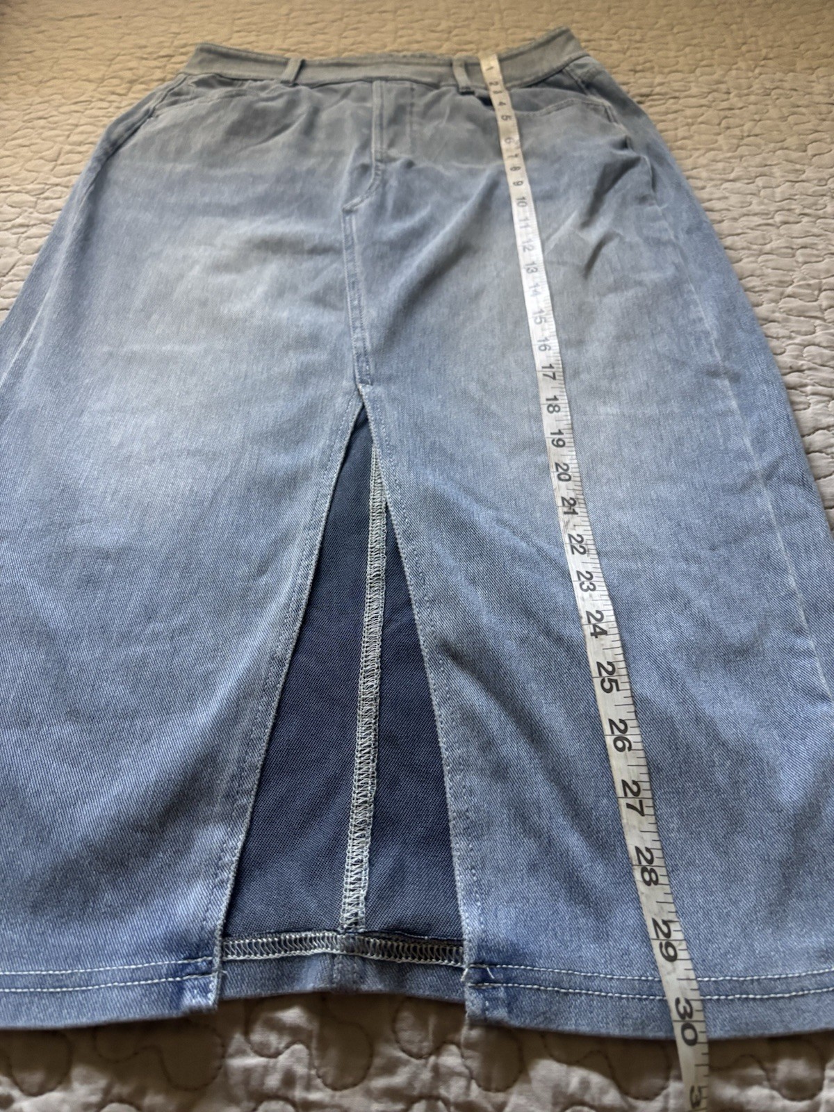 Halara Blue Gray Denim High Rise Pencil Midi Skirt Stretch Pockets Slit S